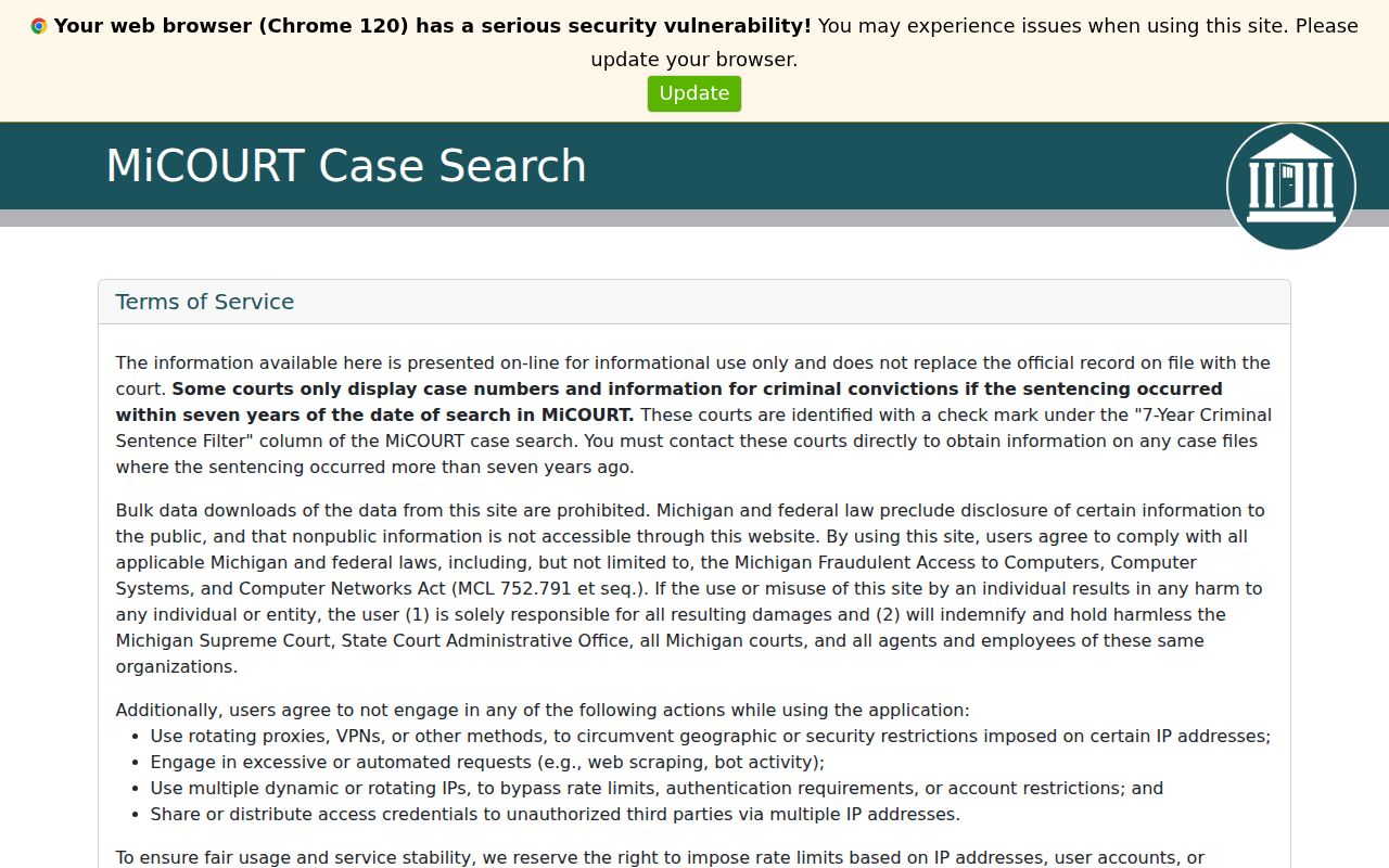 MiCOURT Case Search entry screen for selecting an Ogemaw County court location