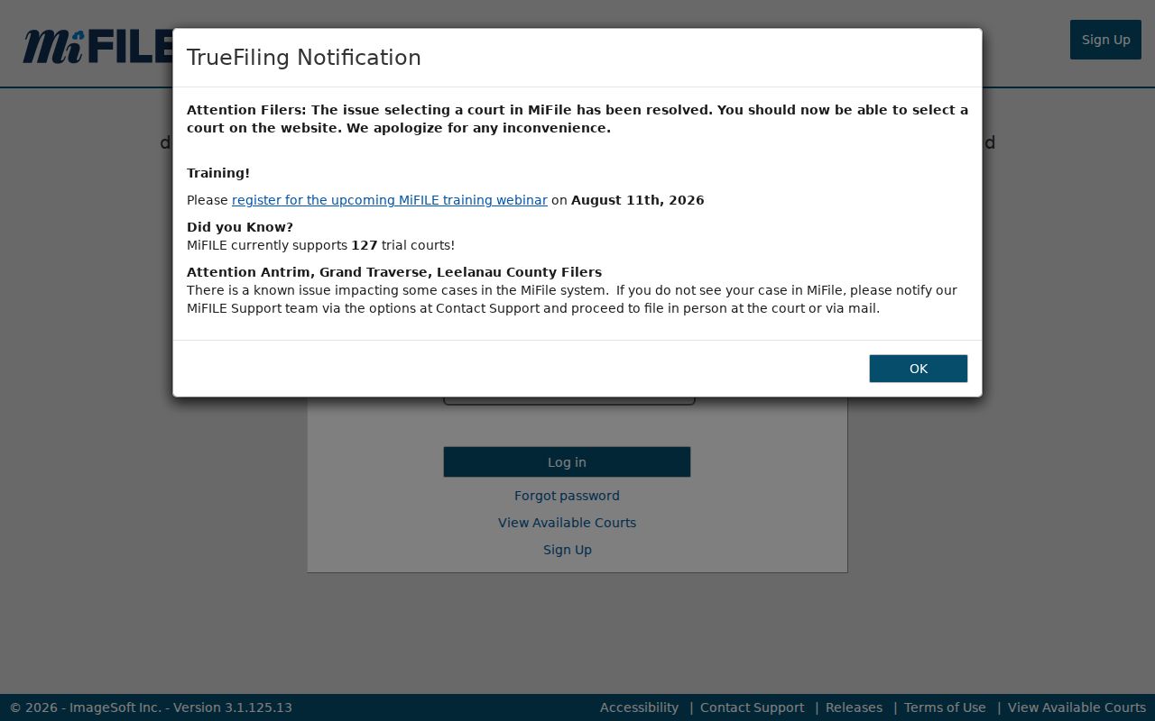 Michigan MiFILE login page relevant to Ogemaw County filing availability