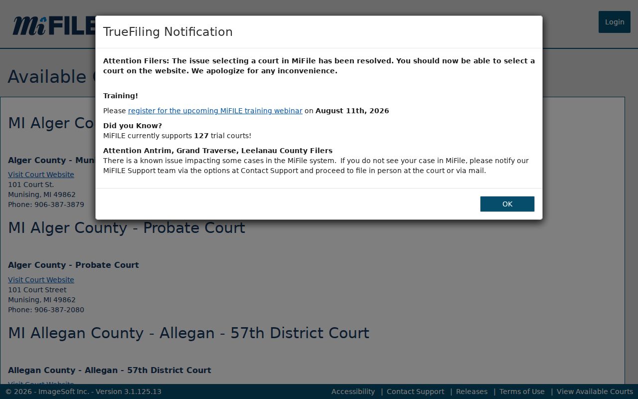 Michigan MiFILE available courts list used to check Ogemaw County court participation