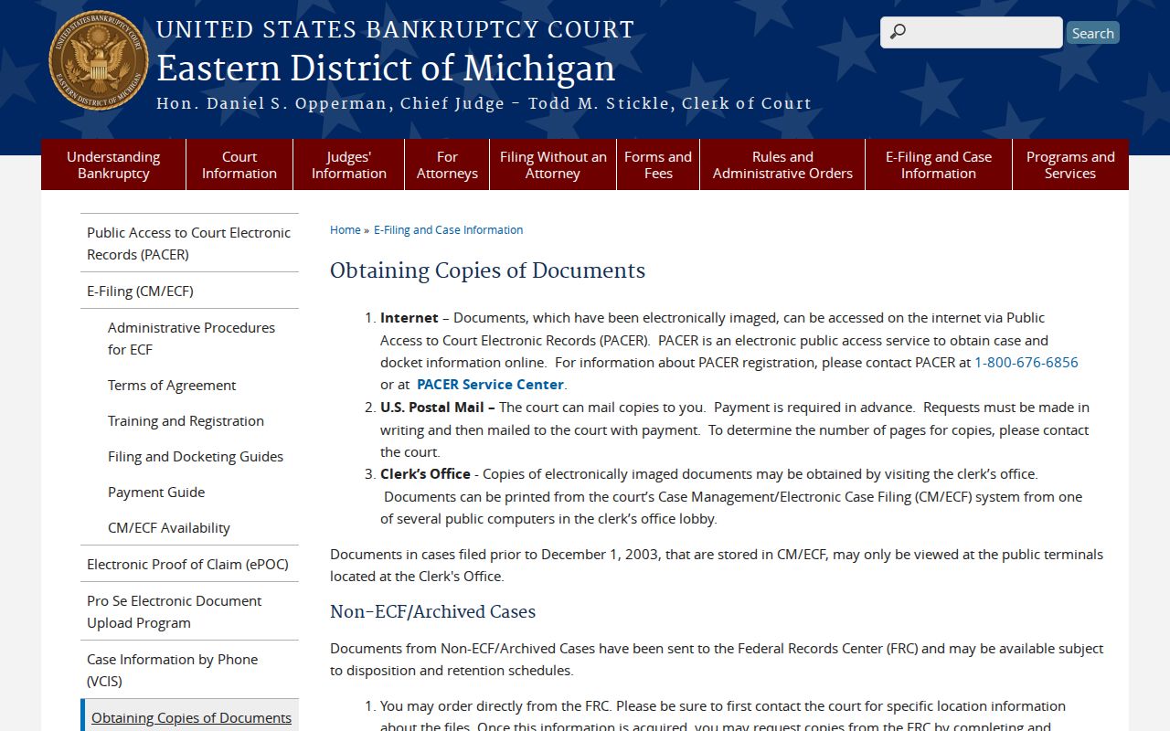 Federal court document-copy guidance illustrating a separate records route from Ogemaw County courts