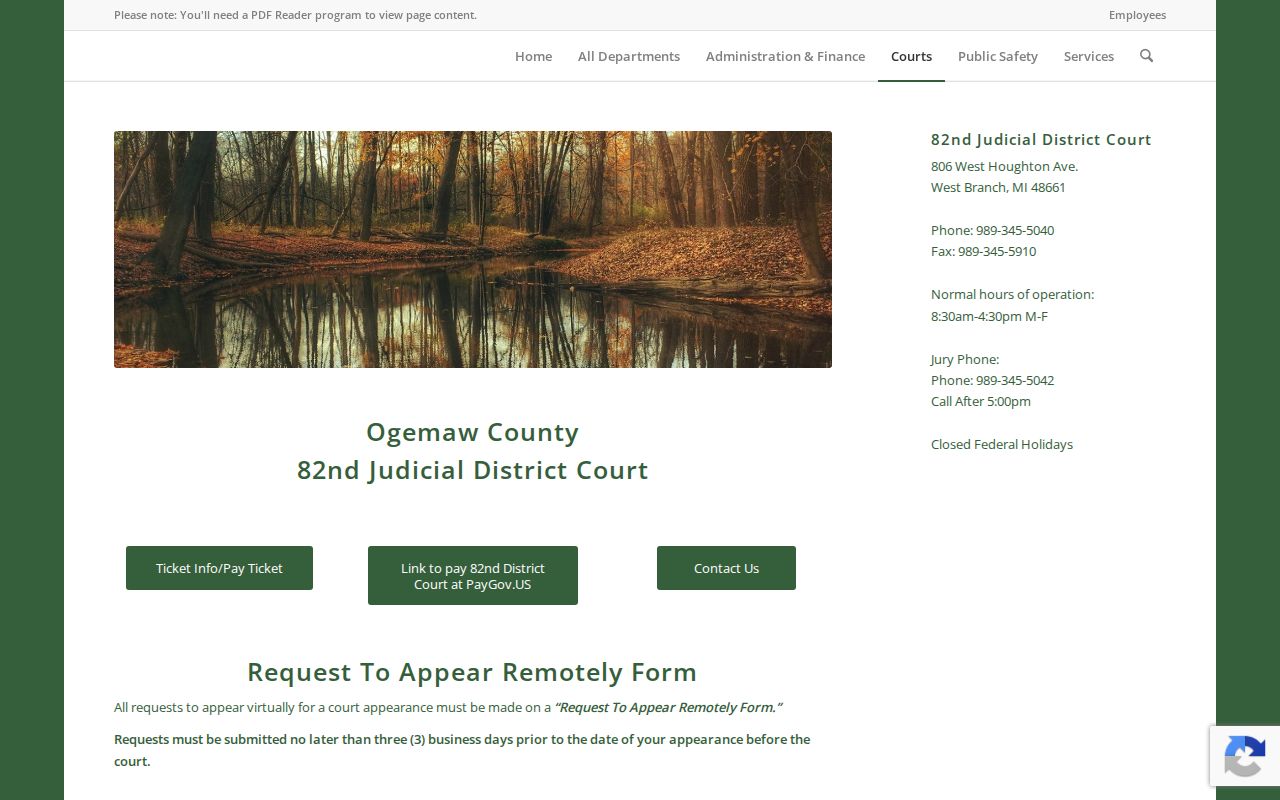 Ogemaw County 82nd Judicial District Court page for traffic court records and ticket services